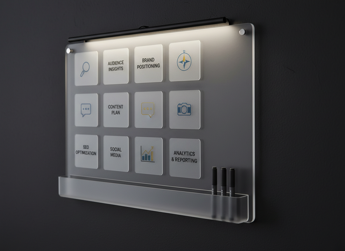 A close-up of a refined marketing strategy board made from frosted acrylic, mounted crisply against an elegant charcoal wall. Magnetically attached are various transparent sticky notes featuring clean, printed keywords and minimalist icons, each meticulously aligned. A set of polished graphite gray markers rests in an integrated holder below the board. The area is illuminated with a soft, indirect glow from hidden LED strips, producing gentle highlights that accentuate the sleek materials and enhance the mood of thoughtful productivity. Framed with a rule of thirds composition for a visually dynamic shot, the atmosphere combines clarity and creativity in a professional, modern photographic style.
