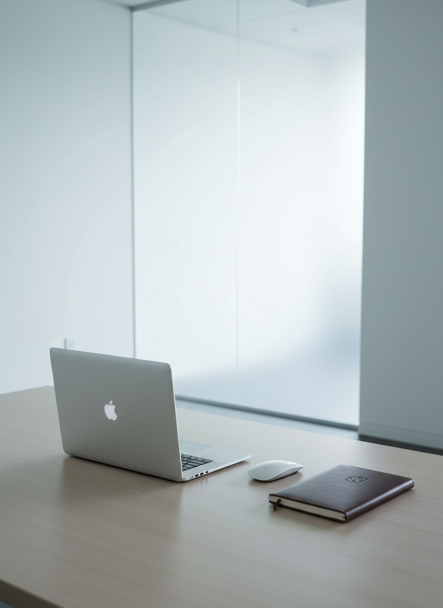A sleek workstation setup featuring a minimalist silver laptop with a matte finish, a closed leather-bound notebook embossed with a subtle logo, and a modern wireless mouse, all organized neatly on a pale ash wood desk. The desk is situated in a spacious office environment, with clean white walls and a large frosted glass panel in the background lending a sense of transparency and structure. Gentle, diffused daylight pours through the glass, casting soft shadows and enhancing the neutral tones. The composition is balanced and uncluttered, shot at a slightly elevated angle with sharp focus throughout. The atmosphere radiates professional clarity and calm, perfectly embodying a polished corporate aesthetic in photographic realism.
