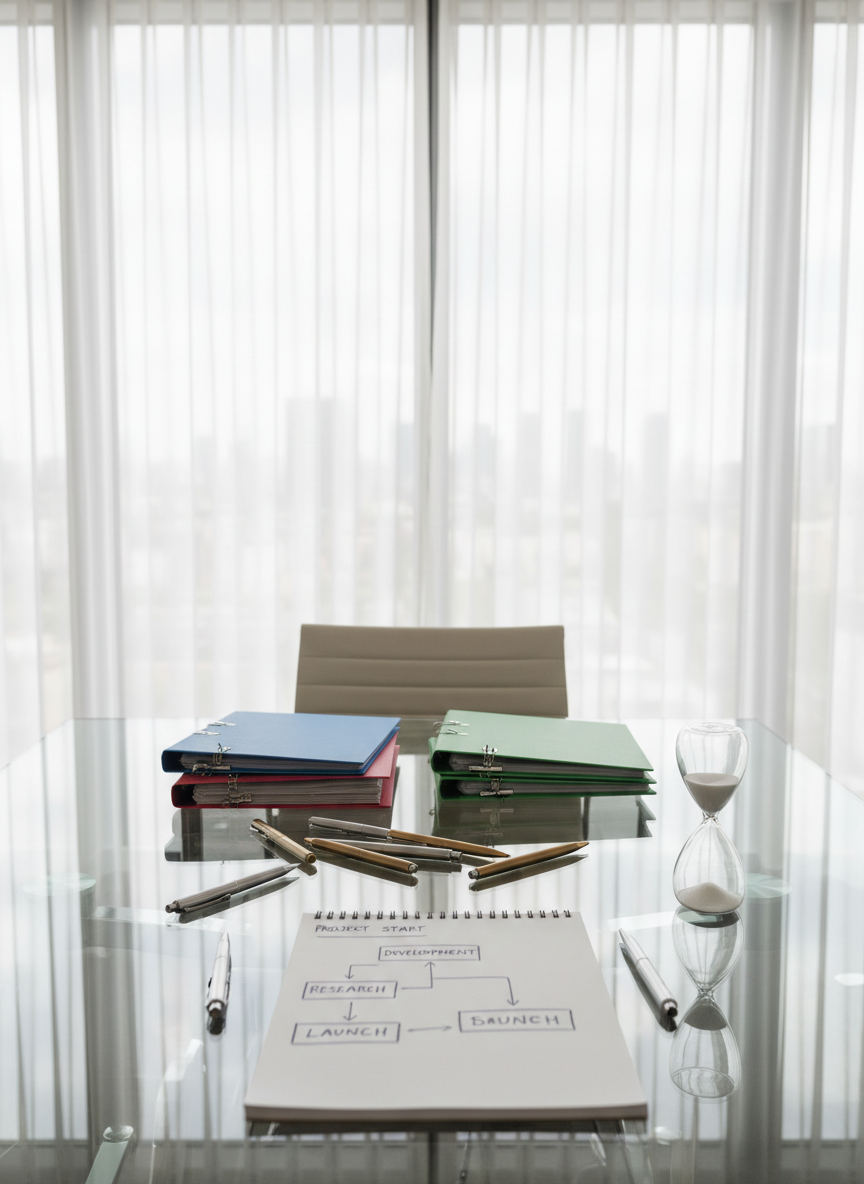 A glass-topped meeting table set for strategy planning, featuring a neatly arranged collection of color-coded folders, metallic pens, and an open notepad displaying a structured flowchart. Beside the documents stands a minimalist hourglass with white sand, adding a touch of refined time-consciousness. The room features floor-to-ceiling windows draped with thin, sheer curtains, allowing ample diffused daylight to spill across the polished table surface, creating mirrored reflections and a serene workspace feel. Photographed from a moderate angle, emphasizing balance and depth, the mood is focused and collaborative, exemplifying a premium business environment in a clean, photographic style.