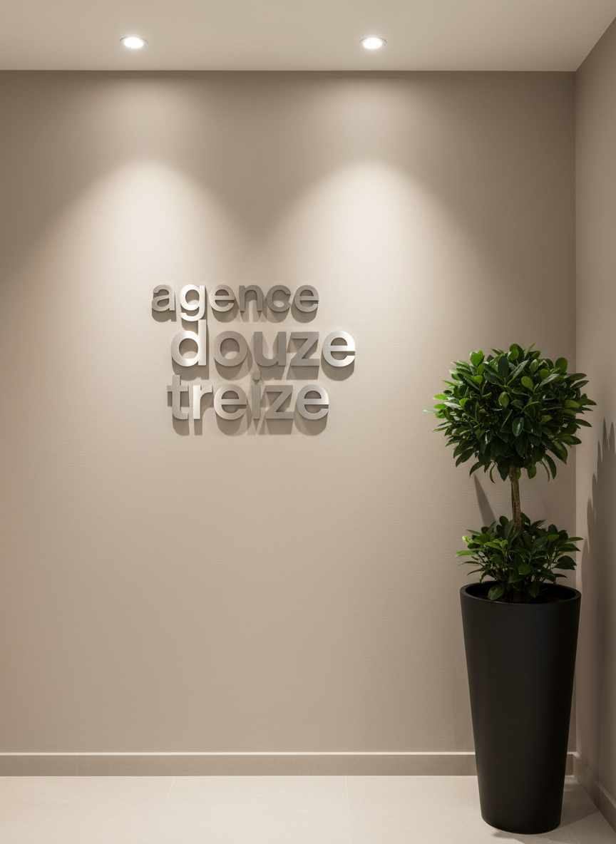 An elegant wall-mounted company sign crafted from brushed aluminum with cut-out letters spelling 'agence douze treize,' mounted on a smooth, light taupe wall in a foyer. To the side, a tall matte black planter holds a neatly trimmed sculptural plant, adding fresh greenery and clean lines. Overhead, recessed lighting creates crisp illumination, causing the metallic sign to subtly gleam and cast gentle shadow outlines, while the rest of the area is softly lit. Captured at an eye-level perspective with the sign centered in the frame, the scene exudes contemporary professionalism and structured simplicity, reflecting a modern corporate communication agency.