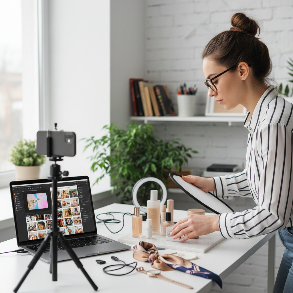 Photo authentique et carrée d'une créatrice de contenu en pleine production : dans un coin lumineux de l'agence, une personne prépare un shooting pour les réseaux sociaux avec un smartphone sur trépied, un petit setup avec produits, ordinateur ouvert sur un outil de montage et planification de posts. On voit un moodboard ou un feed Instagram affiché à l'écran. Ambiance créative mais professionnelle, style photographique réaliste.