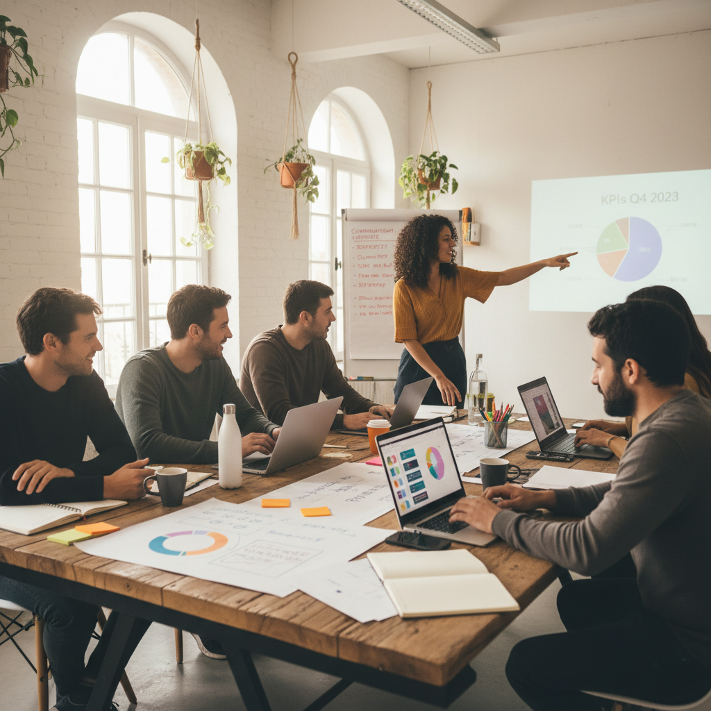 équipe autour d'une table, ambiance Pinterest, en train d'analyser des KPI et de monter une stratégie de communication digitale, photo très nette, naturel, lumière douce, moins effet IA